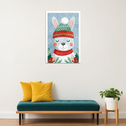 Cute Christmas Bunny Kids Poster Winter Nursery Wall Art Cozy Festive Decor in Red Green Adorable Holiday Gift for Children - xonomax
