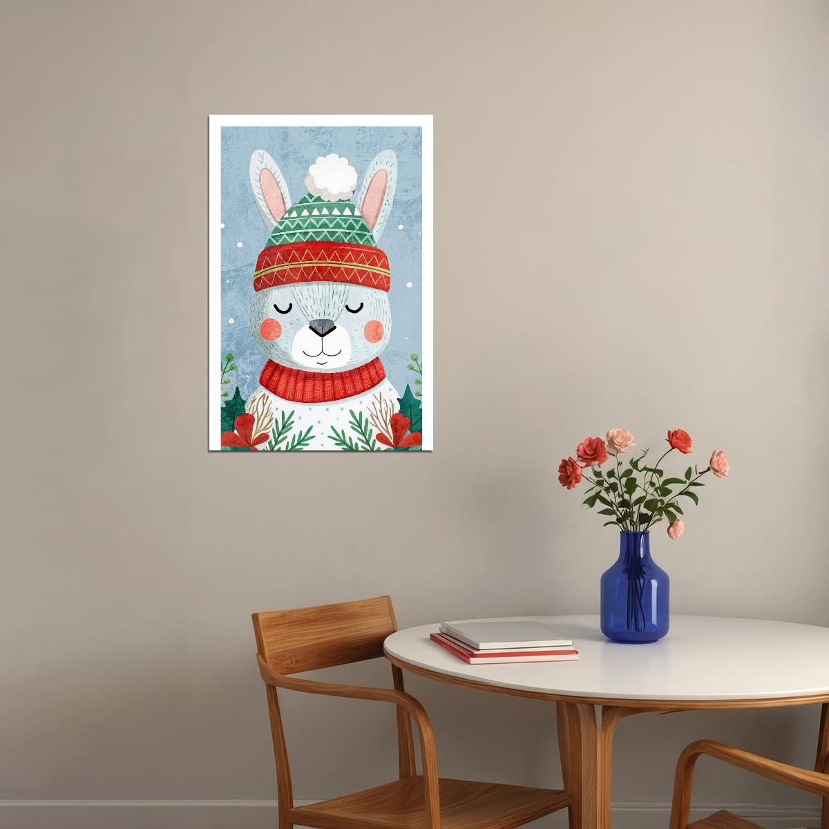 Cute Christmas Bunny Kids Poster Winter Nursery Wall Art Cozy Festive Decor in Red Green Adorable Holiday Gift for Children - xonomax