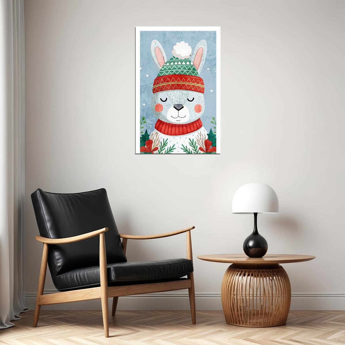 Cute Christmas Bunny Kids Poster Winter Nursery Wall Art Cozy Festive Decor in Red Green Adorable Holiday Gift for Children - xonomax