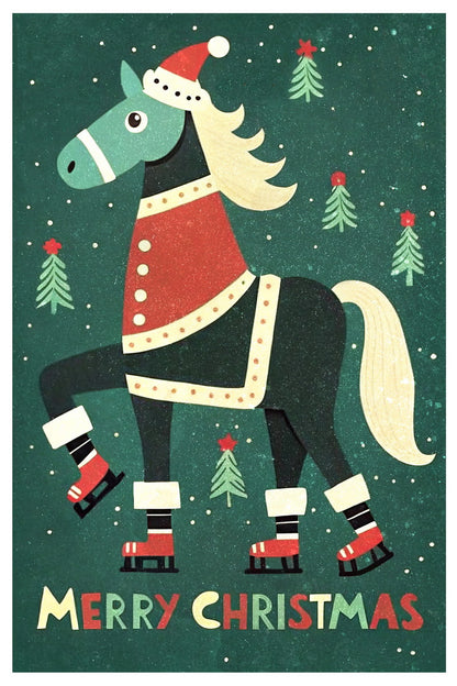 Christmas Horse Kids Poster Merry Christmas Winter Nursery Wall Art Traditional Festive Decor in Green Red Perfect for Kids Room - xonomax