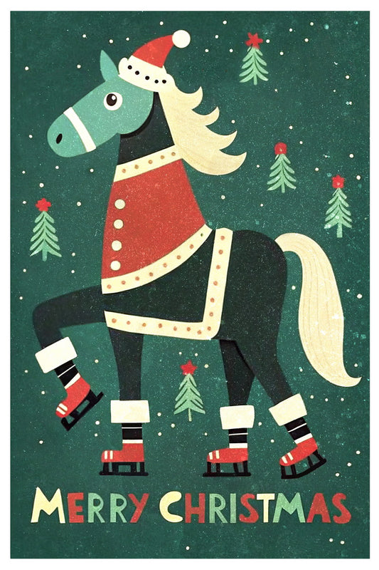 Christmas Horse Kids Poster Merry Christmas Winter Nursery Wall Art Traditional Festive Decor in Green Red Perfect for Kids Room - xonomax