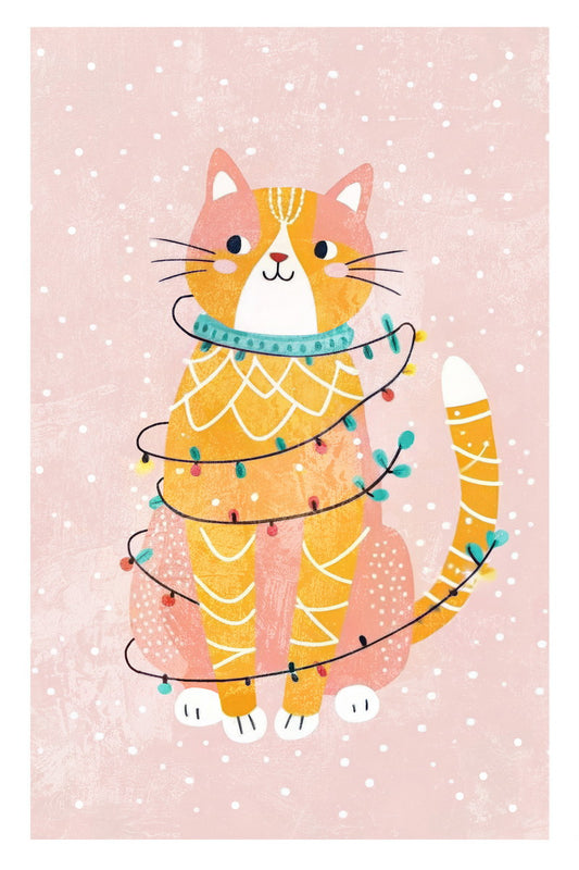 Christmas Cat Kids Poster Winter Nursery Wall Art Cute Festive Decor with Fairy Lights Adorable Gift for Holiday Season - xonomax