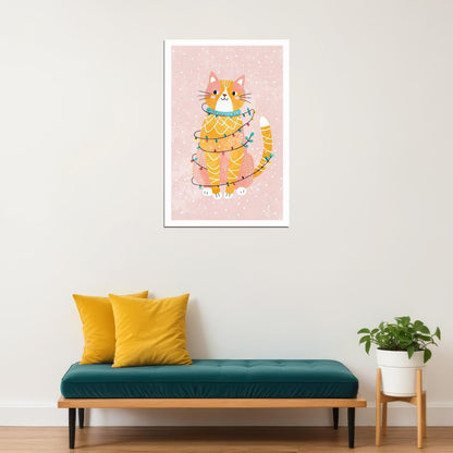 Christmas Cat Kids Poster Winter Nursery Wall Art Cute Festive Decor with Fairy Lights Adorable Gift for Holiday Season - xonomax