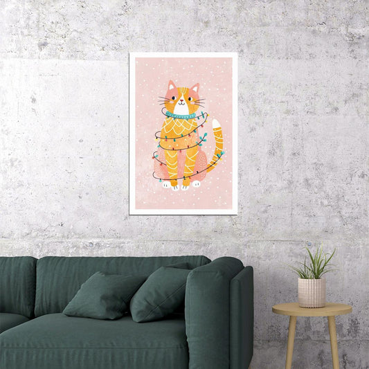 Christmas Cat Kids Poster Winter Nursery Wall Art Cute Festive Decor with Fairy Lights Adorable Gift for Holiday Season - xonomax
