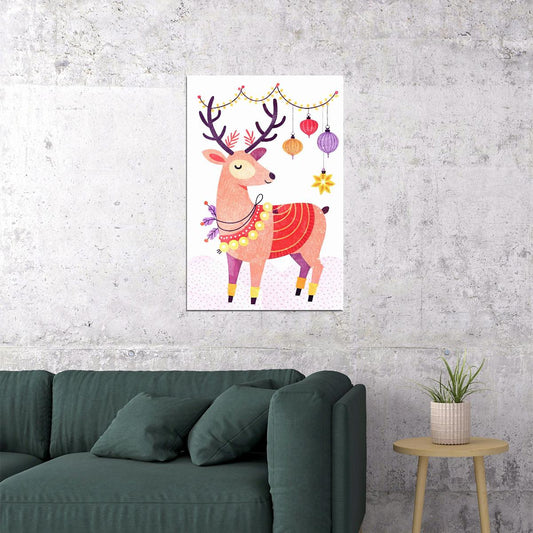 Colorful Reindeer Kids Poster Christmas Winter Nursery Wall Art Festive Decor with Ornaments Perfect Holiday Gift for Kids Room - xonomax
