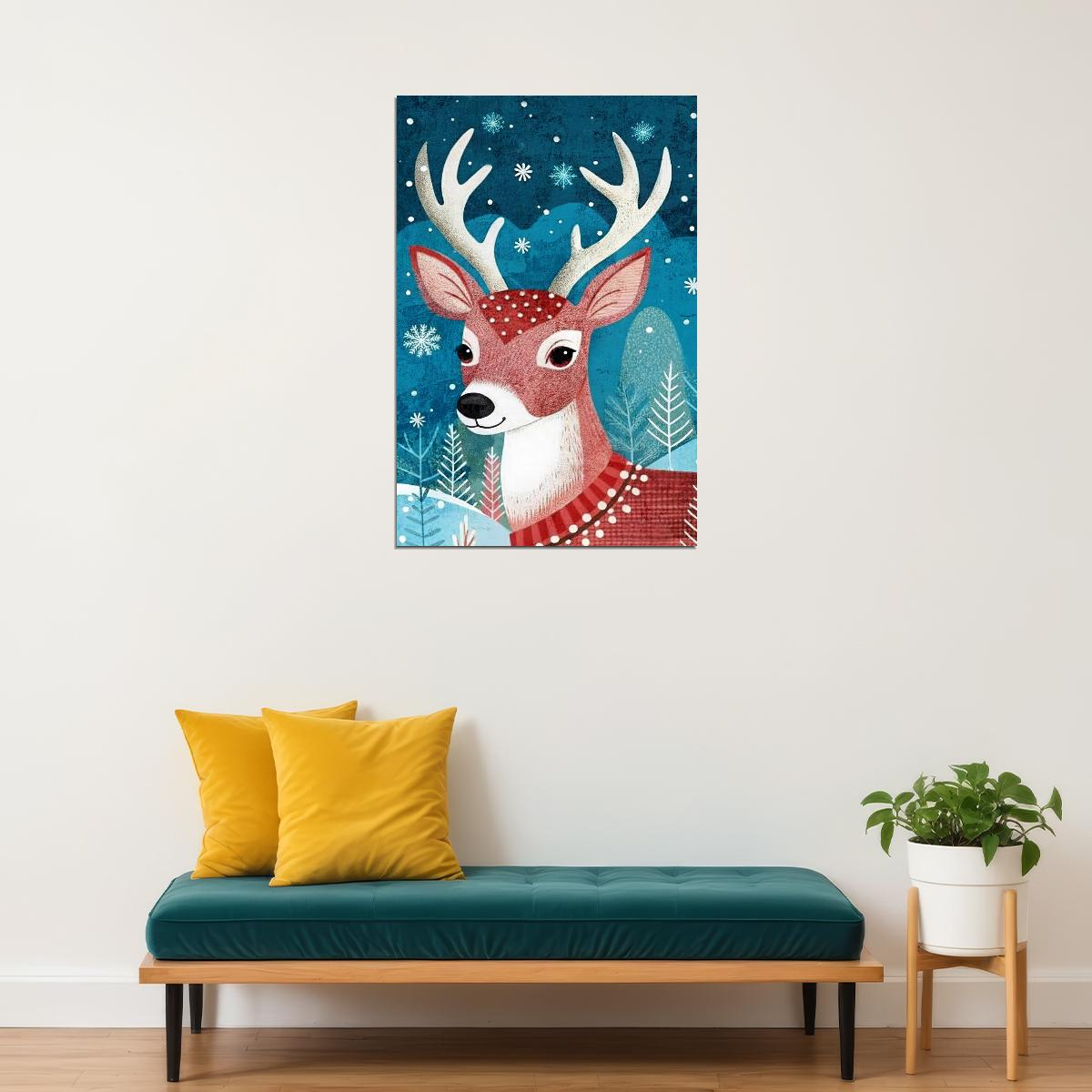 Cute Winter Deer Kids Poster Christmas Nursery Wall Art Snowy Forest Scene Festive Decor Adorable Gift for Kids Room - xonomax