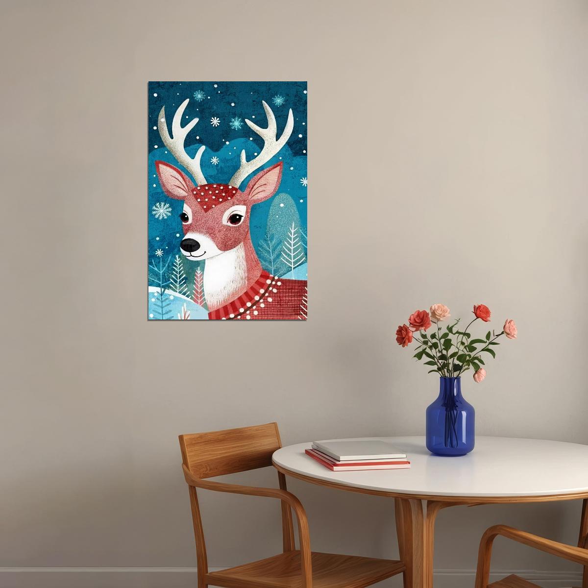 Cute Winter Deer Kids Poster Christmas Nursery Wall Art Snowy Forest Scene Festive Decor Adorable Gift for Kids Room - xonomax