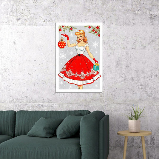 Vintage Christmas Pin-Up Poster Wall Art Print Retro Holiday Decor Woman Red Dress Decorating Christmas Tree Perfect Holiday Gift - xonomax