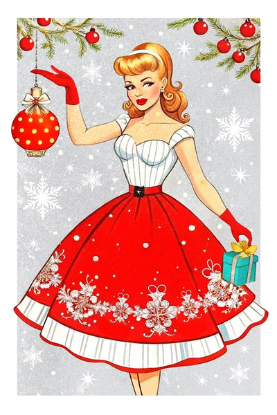 Poster - Vintage Christmas Pin-Up Poster Wall Art Print Retro Holiday Decor  Woman Red Dress Decorating Christmas Tree Perfect Holiday Gift  xonomax  posters