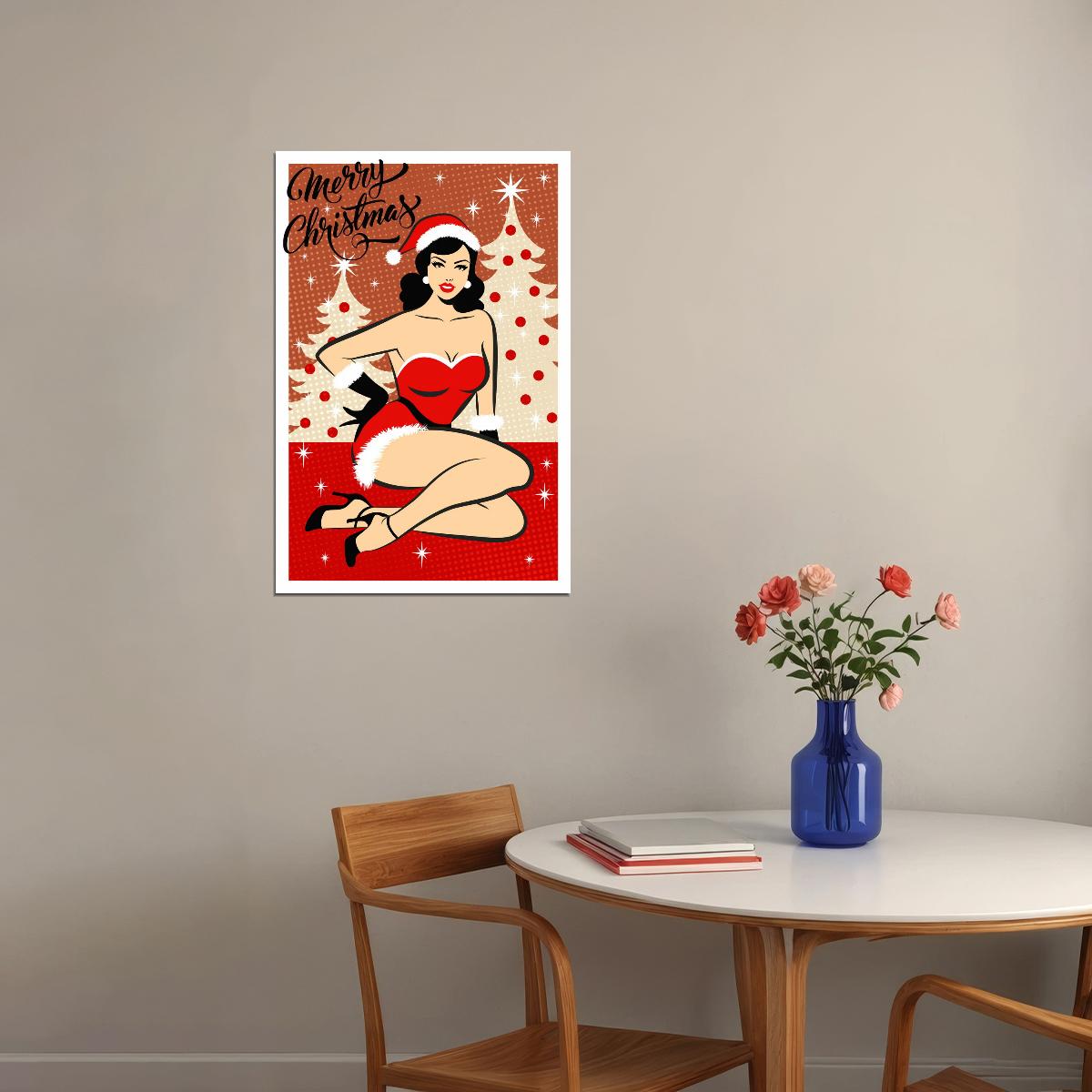 Playful Sexy Merry Christmas Pin-Up Poster Wall Art Print Retro Holiday Decor Santa Outfit Blonde Model Festive Artwork Holiday Spirit - xonomax