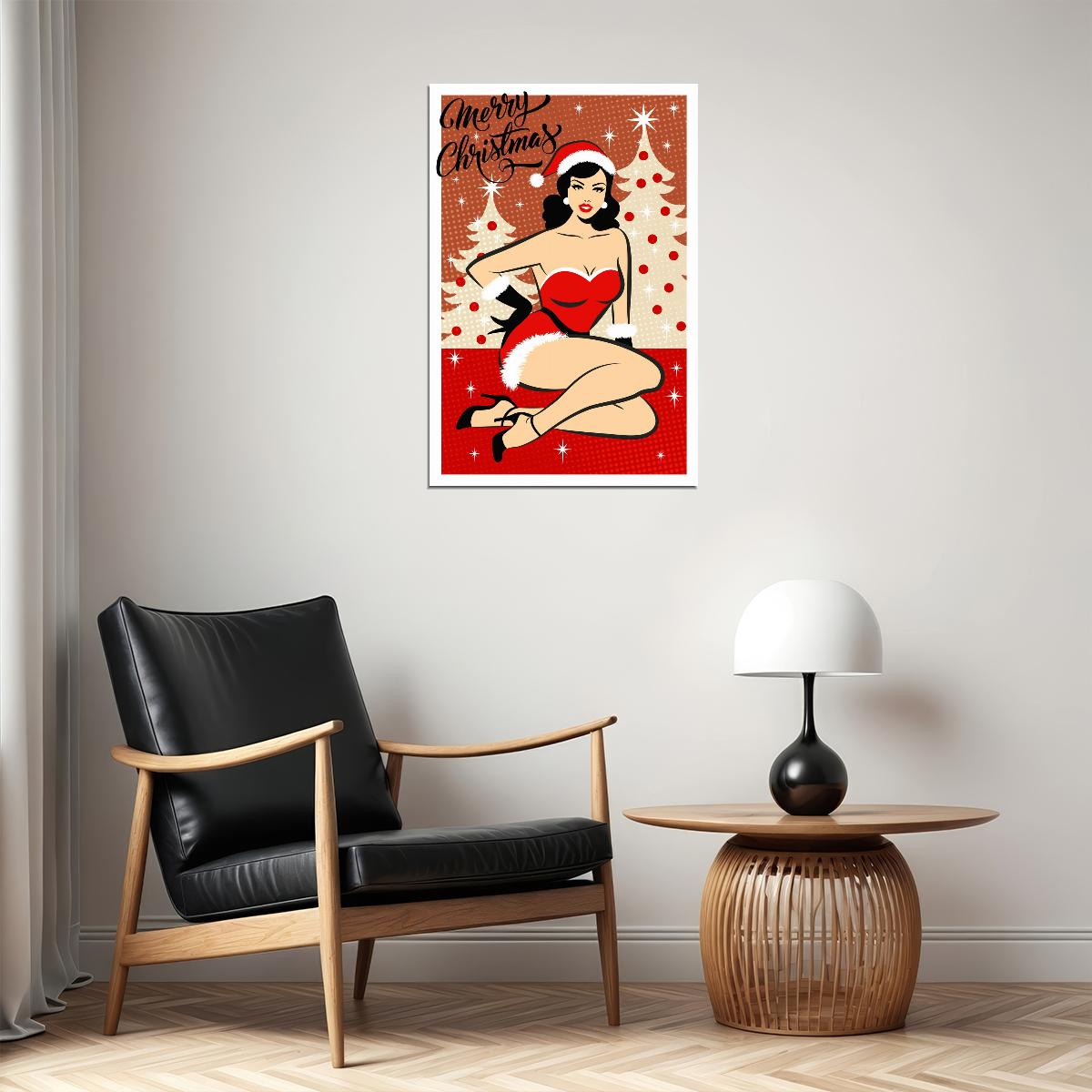 Playful Sexy Merry Christmas Pin-Up Poster Wall Art Print Retro Holiday Decor Santa Outfit Blonde Model Festive Artwork Holiday Spirit - xonomax
