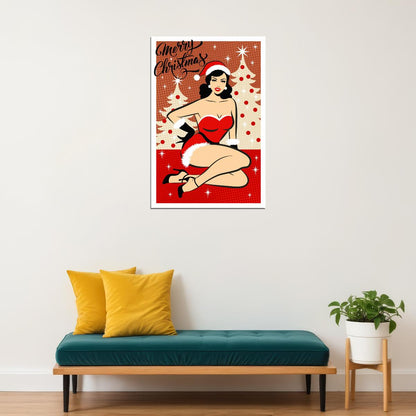 Playful Sexy Merry Christmas Pin-Up Poster Wall Art Print Retro Holiday Decor Santa Outfit Blonde Model Festive Artwork Holiday Spirit - xonomax