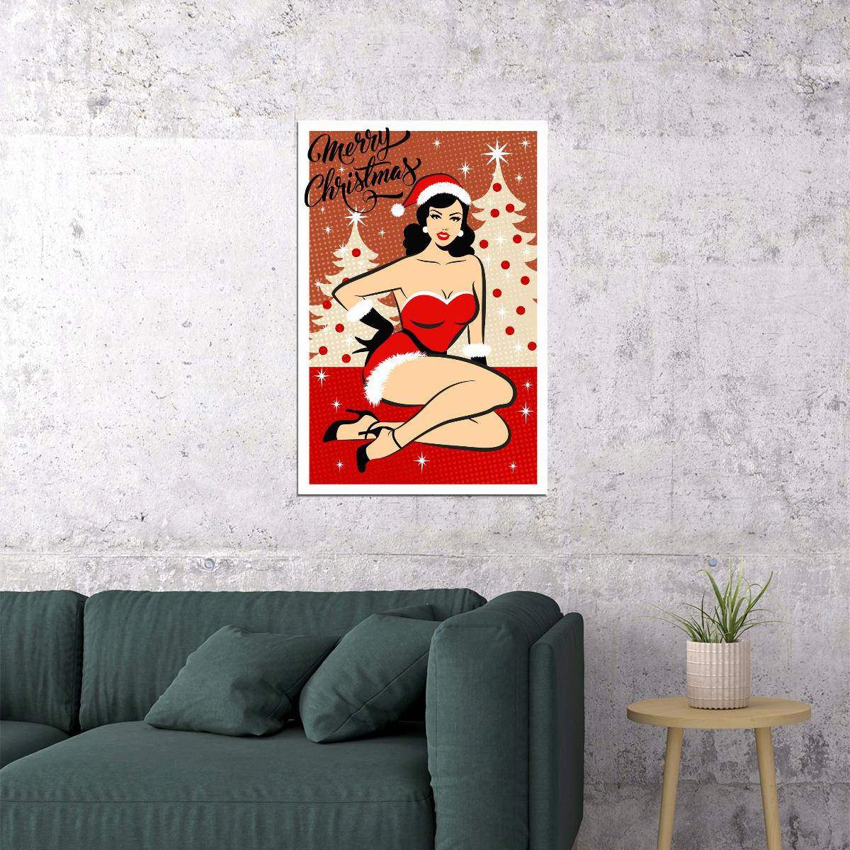 Playful Sexy Merry Christmas Pin-Up Poster Wall Art Print Retro Holiday Decor Santa Outfit Blonde Model Festive Artwork Holiday Spirit - xonomax