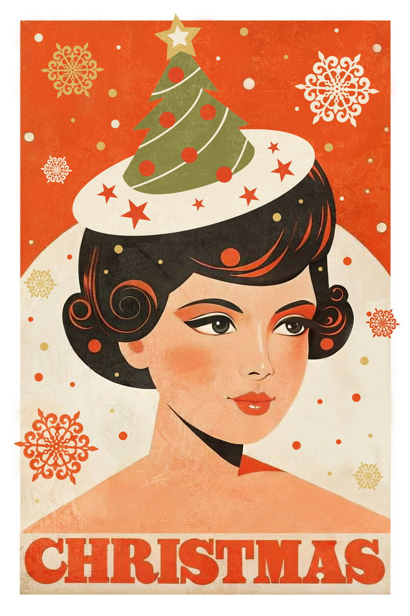 Cozy Christmas Poster Wall Art Print Girl Santa Hat Snowy Background Festive Retro Holiday Decor Living Room Entryway - xonomax