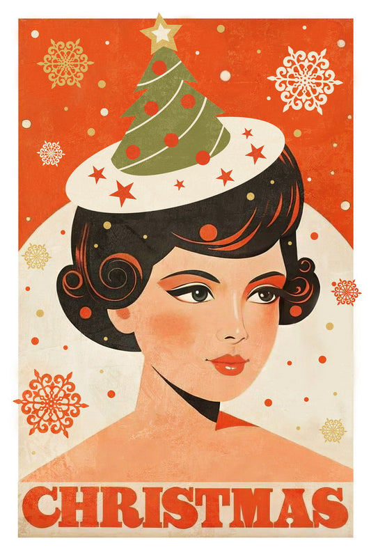 Cozy Christmas Poster Wall Art Print Girl Santa Hat Snowy Background Festive Retro Holiday Decor Living Room Entryway - xonomax