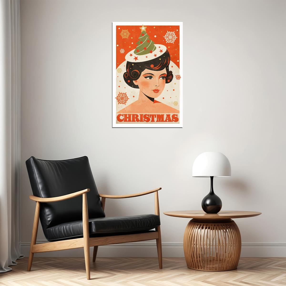 Cozy Christmas Poster Wall Art Print Girl Santa Hat Snowy Background Festive Retro Holiday Decor Living Room Entryway - xonomax