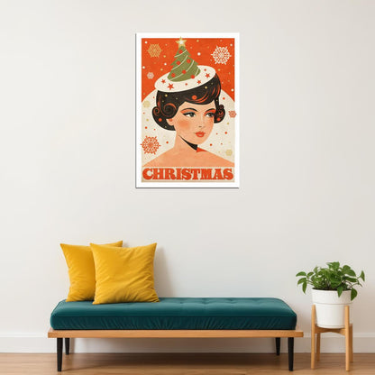 Cozy Christmas Poster Wall Art Print Girl Santa Hat Snowy Background Festive Retro Holiday Decor Living Room Entryway - xonomax