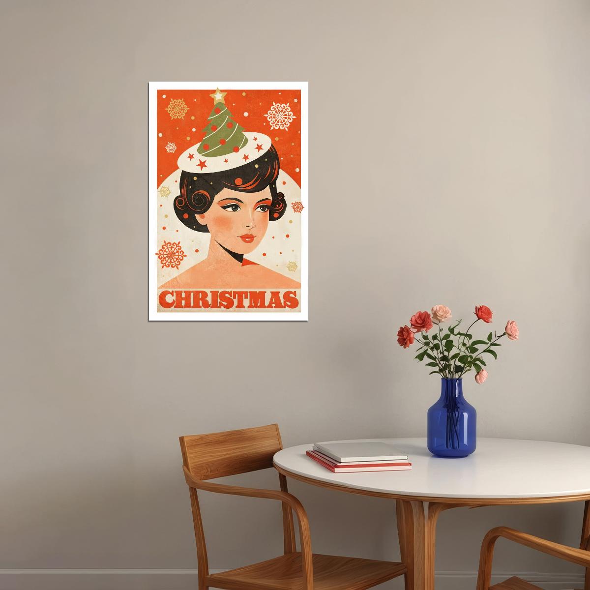 Cozy Christmas Poster Wall Art Print Girl Santa Hat Snowy Background Festive Retro Holiday Decor Living Room Entryway - xonomax