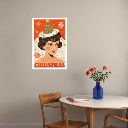 Cozy Christmas Poster Wall Art Print Girl Santa Hat Snowy Background Festive Retro Holiday Decor Living Room Entryway - xonomax