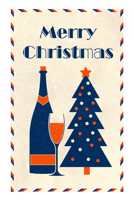 Classic Christmas Greeting Poster Wall Art Print Retro Festive Decor Blue Champagne Bottle Holiday Bubbles Vintage Style Kitchen Bar - xonomax