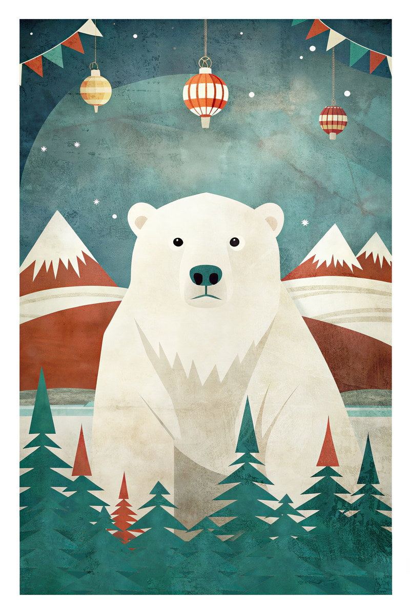 Polar Bear Christmas Poster Wall Art Print Cozy Winter Holiday Decor Mountain Scene Rustic Whimsical Style Perfect for Cabin Nursery - xonomax
