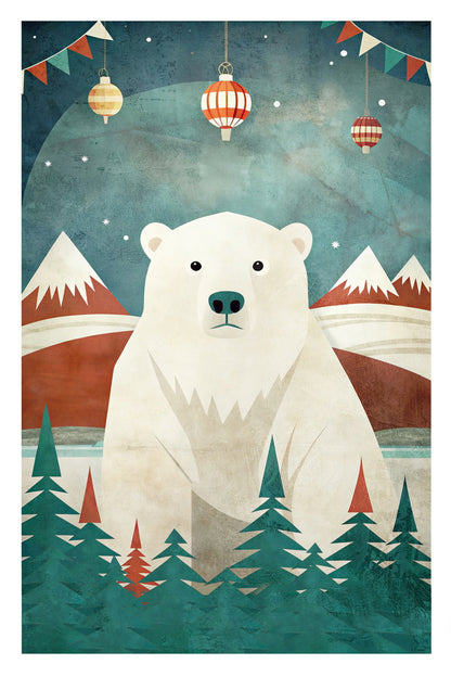 Polar Bear Christmas Poster Wall Art Print Cozy Winter Holiday Decor Mountain Scene Rustic Whimsical Style Perfect for Cabin Nursery - xonomax