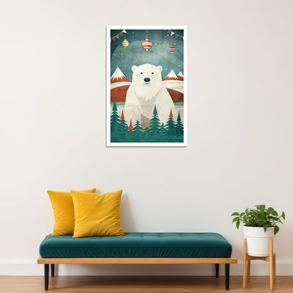 Polar Bear Christmas Poster Wall Art Print Cozy Winter Holiday Decor Mountain Scene Rustic Whimsical Style Perfect for Cabin Nursery - xonomax