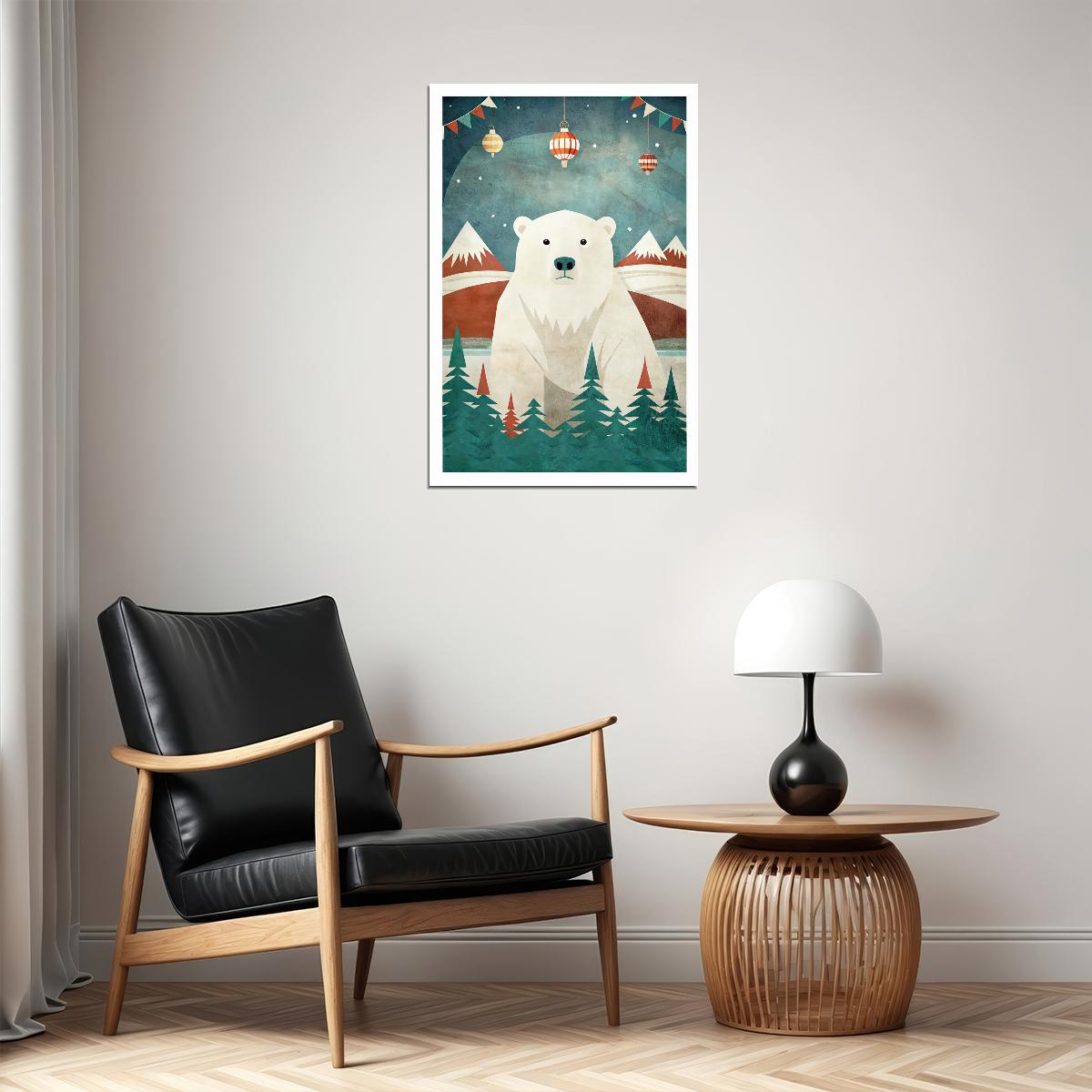 Polar Bear Christmas Poster Wall Art Print Cozy Winter Holiday Decor Mountain Scene Rustic Whimsical Style Perfect for Cabin Nursery - xonomax