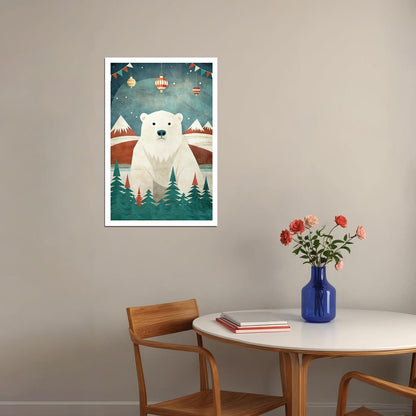 Polar Bear Christmas Poster Wall Art Print Cozy Winter Holiday Decor Mountain Scene Rustic Whimsical Style Perfect for Cabin Nursery - xonomax
