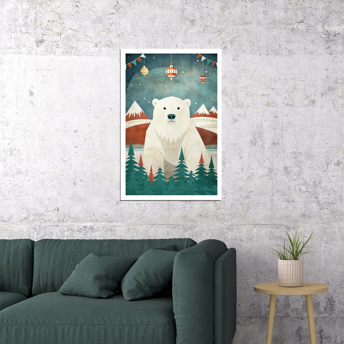 Polar Bear Christmas Poster Wall Art Print Cozy Winter Holiday Decor Mountain Scene Rustic Whimsical Style Perfect for Cabin Nursery - xonomax