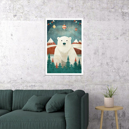 Polar Bear Christmas Poster Wall Art Print Cozy Winter Holiday Decor Mountain Scene Rustic Whimsical Style Perfect for Cabin Nursery - xonomax