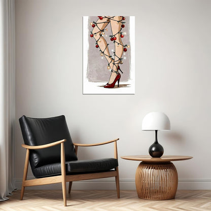 Sexy Funny Christmas Legs Pin-Up Poster Wall Art Print Retro Holiday Decor Woman Wrapped Christmas Lights Playful Festive Decor Living Room - xonomax
