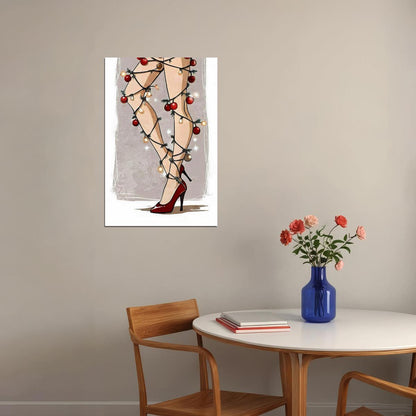 Sexy Funny Christmas Legs Pin-Up Poster Wall Art Print Retro Holiday Decor Woman Wrapped Christmas Lights Playful Festive Decor Living Room - xonomax