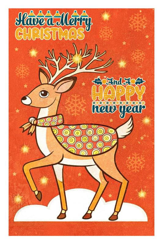 Happy New Year Reindeer Christmas Poster Wall Art Print Retro Holiday Decor Festive Vintage Style Perfect for Seasonal Home Decor - xonomax