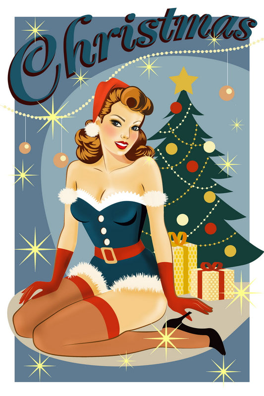 Sexy Christmas Pin-Up Girl Poster Wall Art Print Retro Holiday Decor Woman in Blue Dress with Gifts Vintage Holiday Charm - xonomax