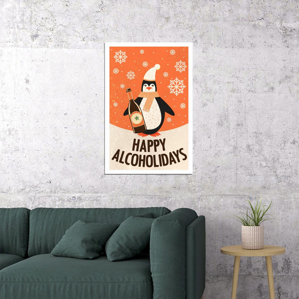 Happy Alcoholidays Penguin Christmas Poster Wall Art Print Playful Festive Decor Perfect for Holiday Bar Kitchen Cafe - xonomax