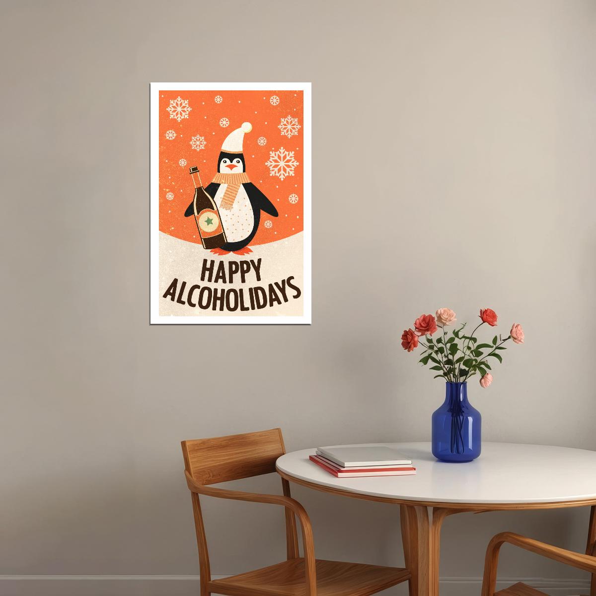 Happy Alcoholidays Penguin Christmas Poster Wall Art Print Playful Festive Decor Perfect for Holiday Bar Kitchen Cafe - xonomax