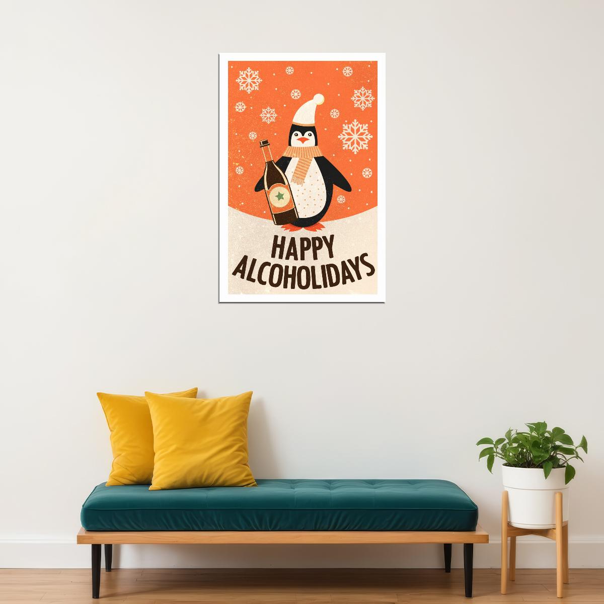 Happy Alcoholidays Penguin Christmas Poster Wall Art Print Playful Festive Decor Perfect for Holiday Bar Kitchen Cafe - xonomax