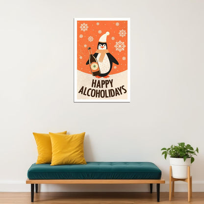 Happy Alcoholidays Penguin Christmas Poster Wall Art Print Playful Festive Decor Perfect for Holiday Bar Kitchen Cafe - xonomax