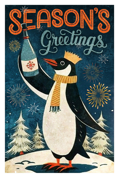 Season’s Greetings Penguin Poster Wall Art Print Retro Christmas Holiday Decor Cozy Winter Wonderland Festive Style