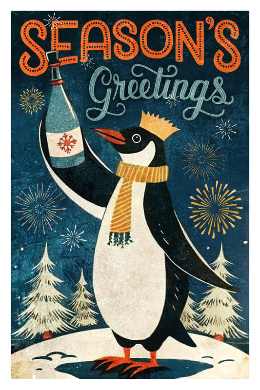 Season’s Greetings Penguin Poster Wall Art Print Retro Christmas Holiday Decor Cozy Winter Wonderland Festive Style