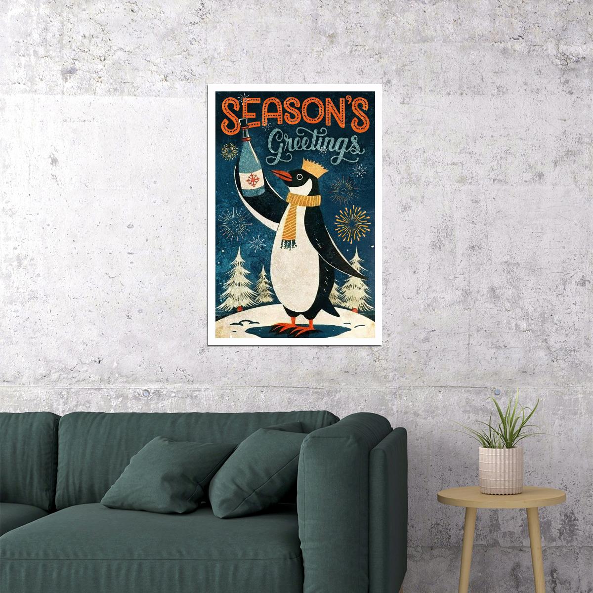 Season’s Greetings Penguin Poster Wall Art Print Retro Christmas Holiday Decor Cozy Winter Wonderland Festive Style
