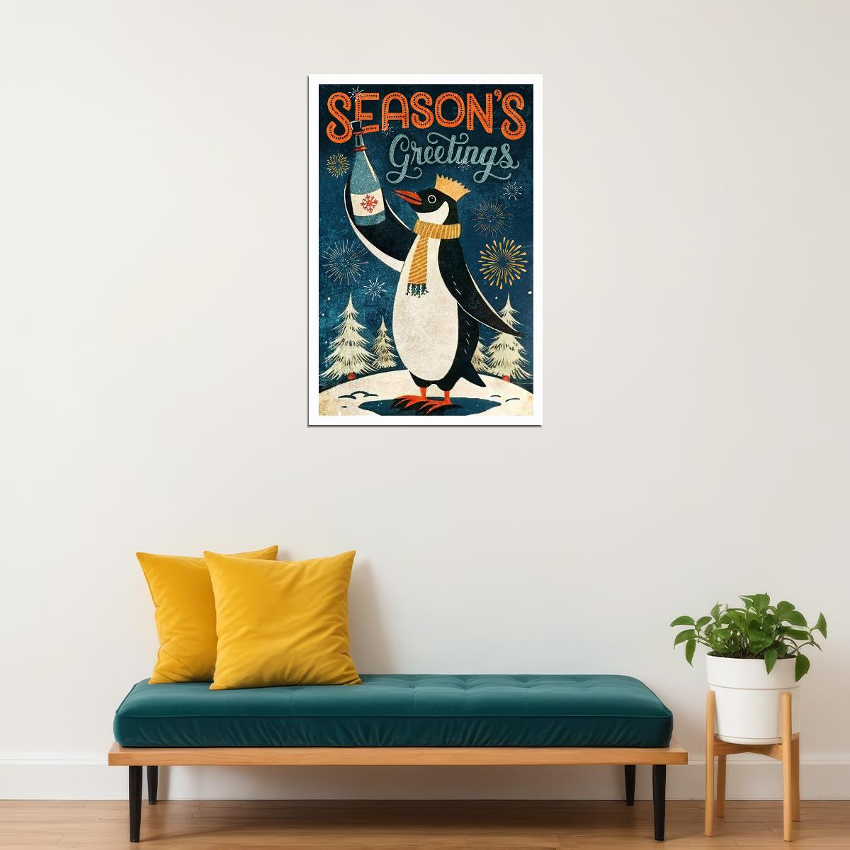Season’s Greetings Penguin Poster Wall Art Print Retro Christmas Holiday Decor Cozy Winter Wonderland Festive Style