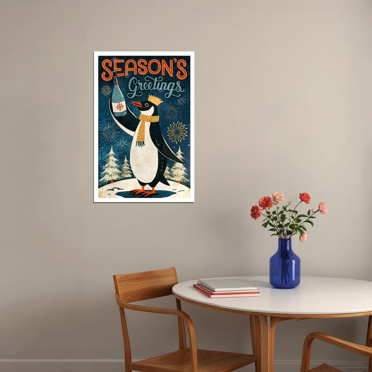 Season’s Greetings Penguin Poster Wall Art Print Retro Christmas Holiday Decor Cozy Winter Wonderland Festive Style