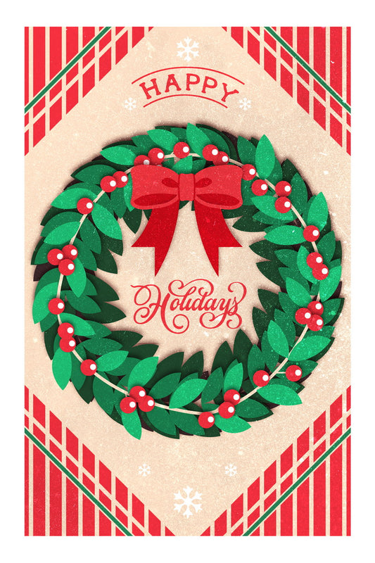 Christmas Wreath Poster Wall Art Print Vintage Holiday Decor Traditional Festive Red Green Design Perfect for Entryway - xonomax