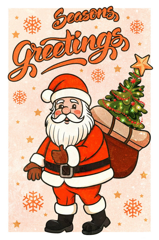 Season’s Greetings Santa Poster Wall Art Print Retro Christmas Decor Vintage Style Santa Claus with Tree Festive Holiday Artwork