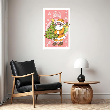 Merry Christmas Santa Poster Wall Art Print Pink Background Cute Retro Holiday Decor Perfect Gift for Christmas Lovers - xonomax