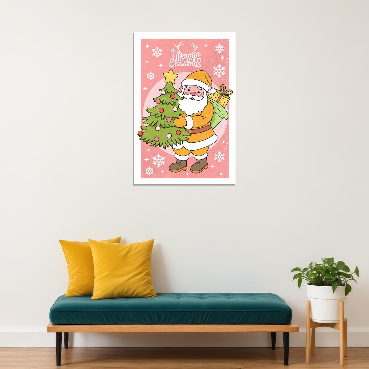 Merry Christmas Santa Poster Wall Art Print Pink Background Cute Retro Holiday Decor Perfect Gift for Christmas Lovers - xonomax