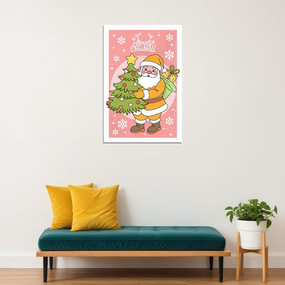Merry Christmas Santa Poster Wall Art Print Pink Background Cute Retro Holiday Decor Perfect Gift for Christmas Lovers - xonomax
