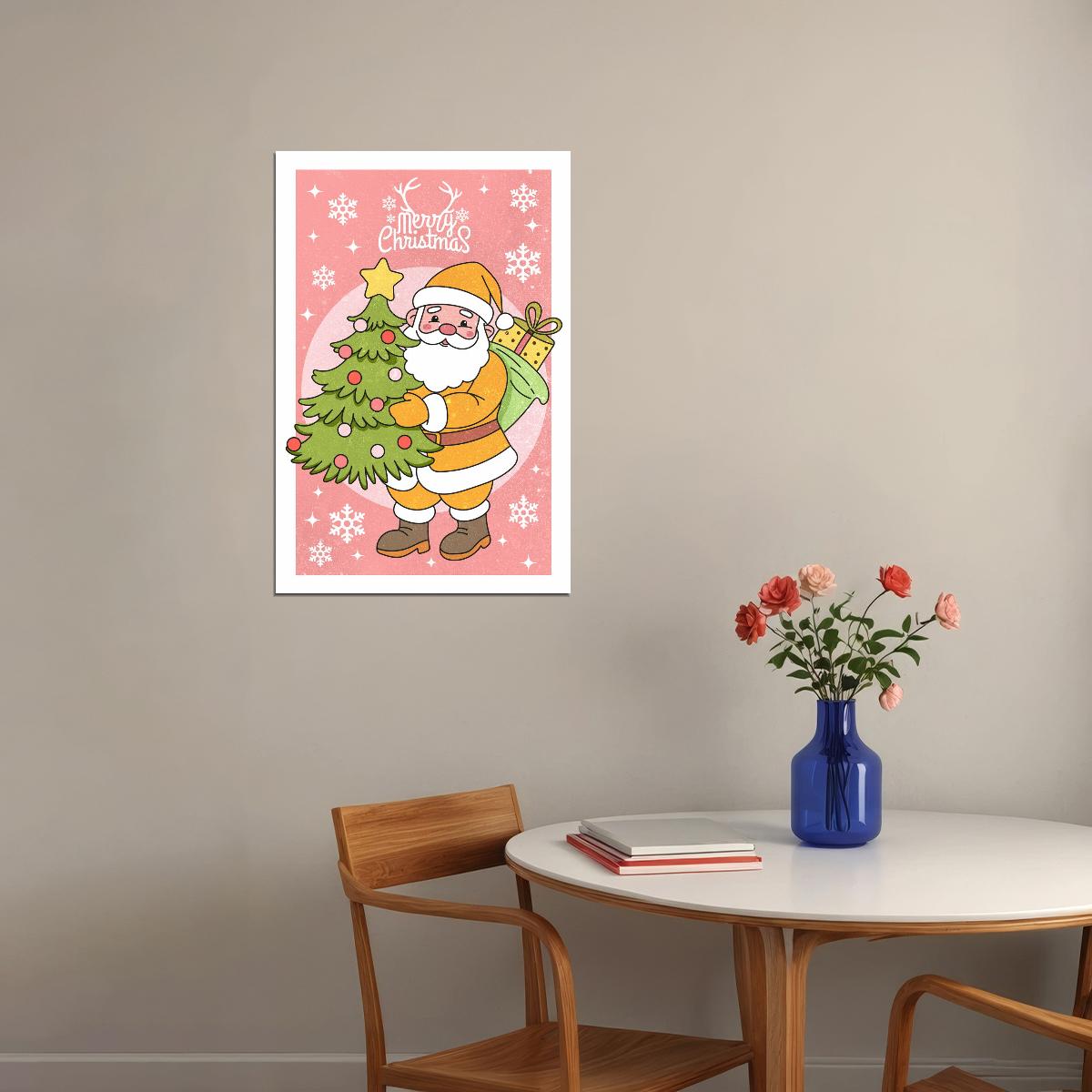 Merry Christmas Santa Poster Wall Art Print Pink Background Cute Retro Holiday Decor Perfect Gift for Christmas Lovers - xonomax
